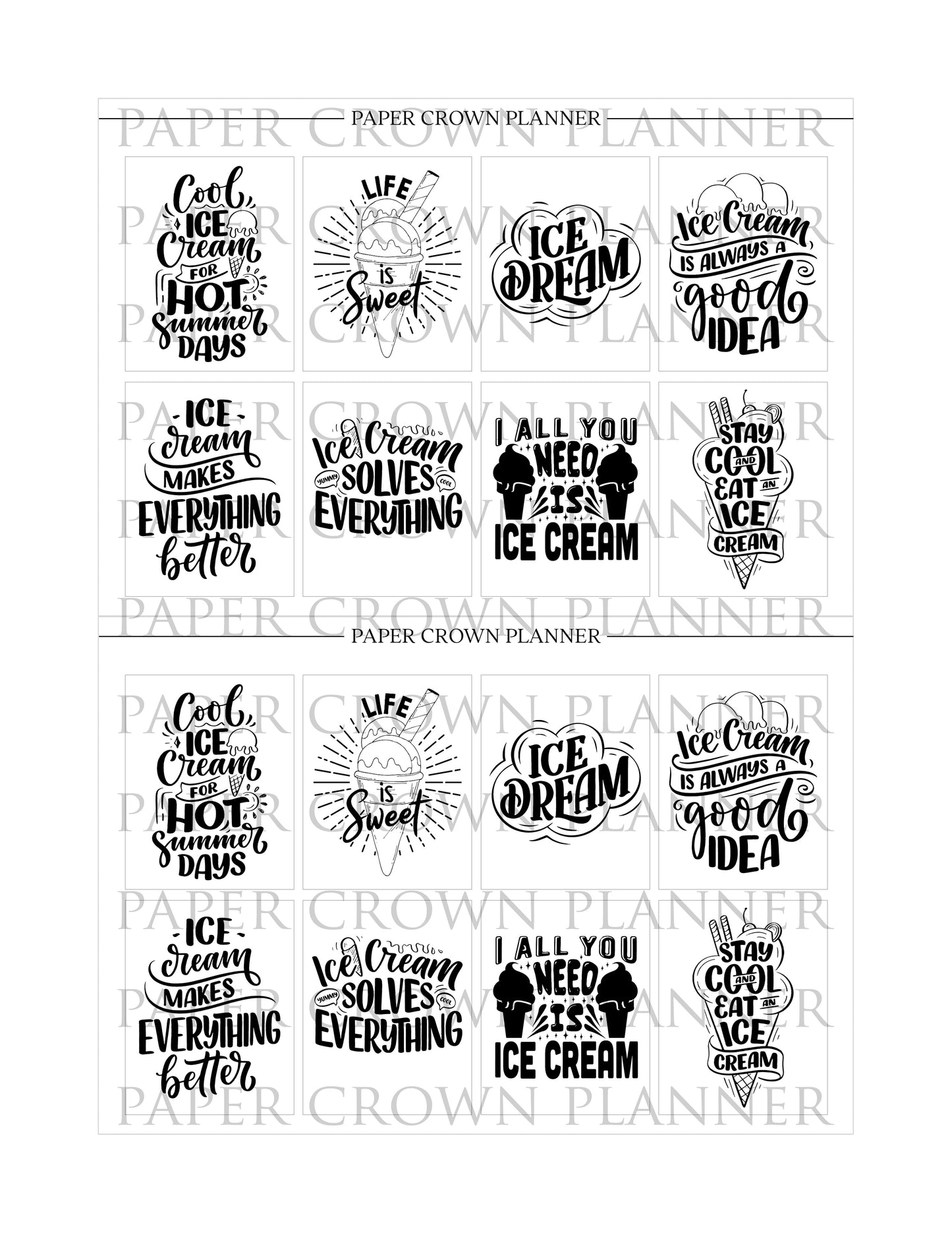 ICE CREAM QUOTES FULL BOX OVERLAYS // Foil-Ready Planner Stickers